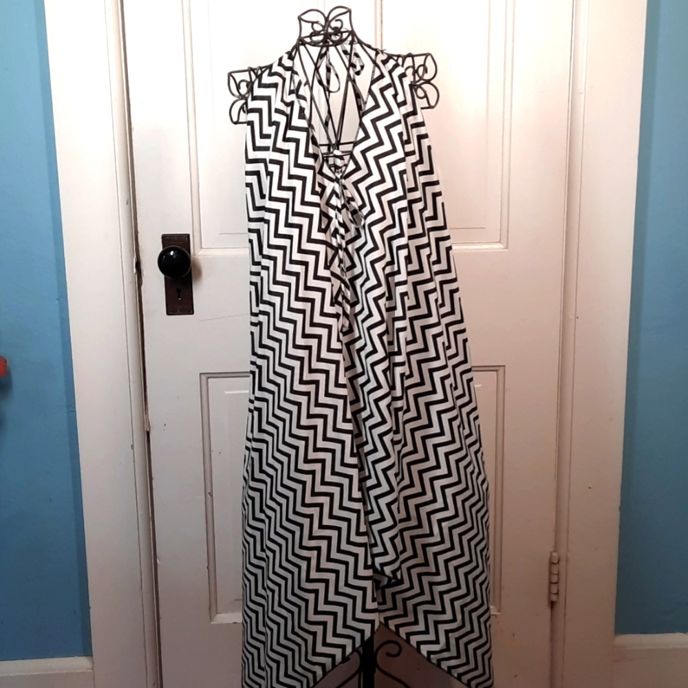 Swim Suit Cover Up Black White Chevron Polyester Quick Dry Flowy Tank Dress